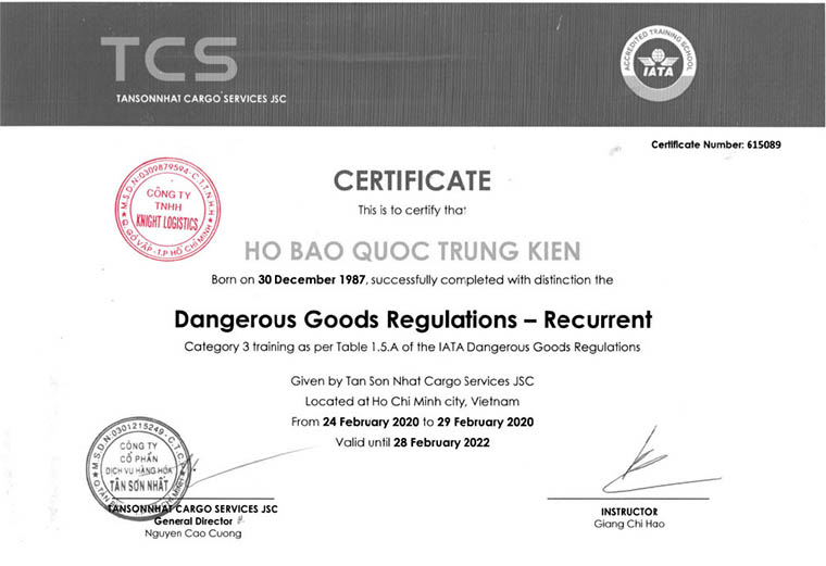 Bằng DG(hàng hóa nguy hiểm) của nhân sự Knight Logistics