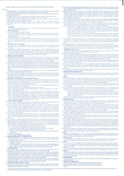 Mẫu bill of lading (Mặt sau)