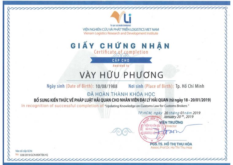 Giấy chứng nhận khóa học về pháp luật hải quan của nhân viên knight logistics