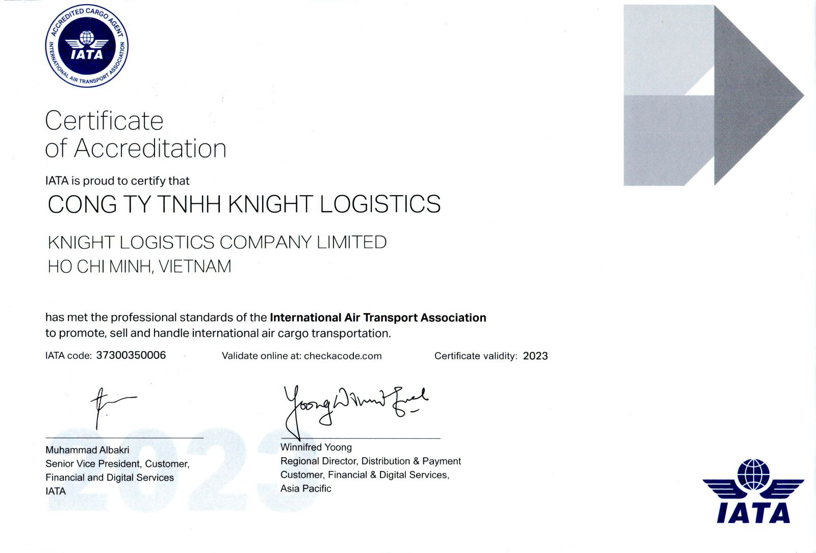 Đại lý chính thức của hiệp hội vận tải hàng không quốc tế (IATA) - Knight Logistics 
