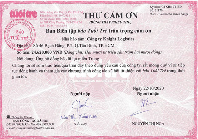 Thư cảm ơn của Báo Tuổi Trẻ gửi đến Công Ty Knight Logistics