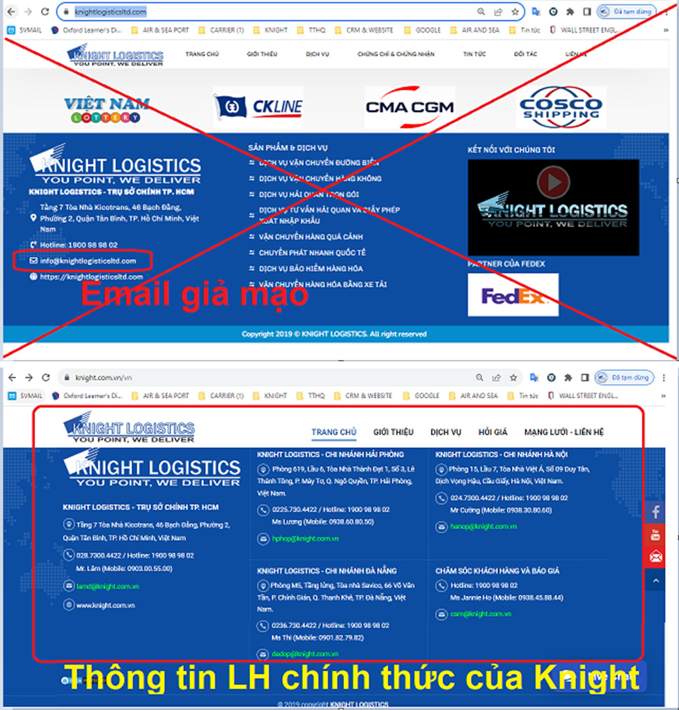 THÔNG BÁO V/V GIẢ MẠO WEBSITE KNIGHT LOGISTICS