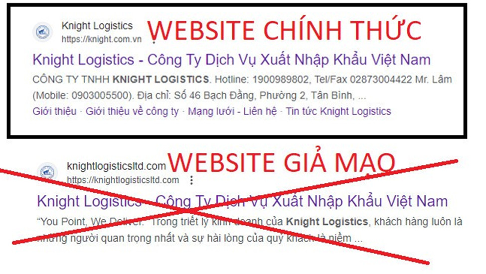 THÔNG BÁO V/V GIẢ MẠO WEBSITE KNIGHT LOGISTICS 2