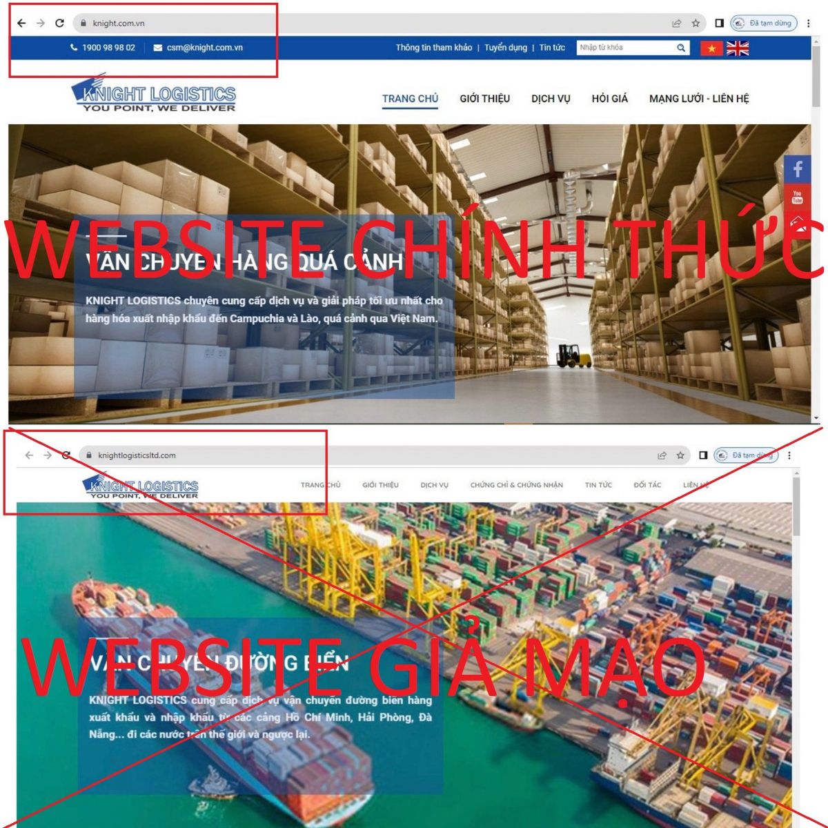 THÔNG BÁO V/V GIẢ MẠO WEBSITE KNIGHT LOGISTICS 1